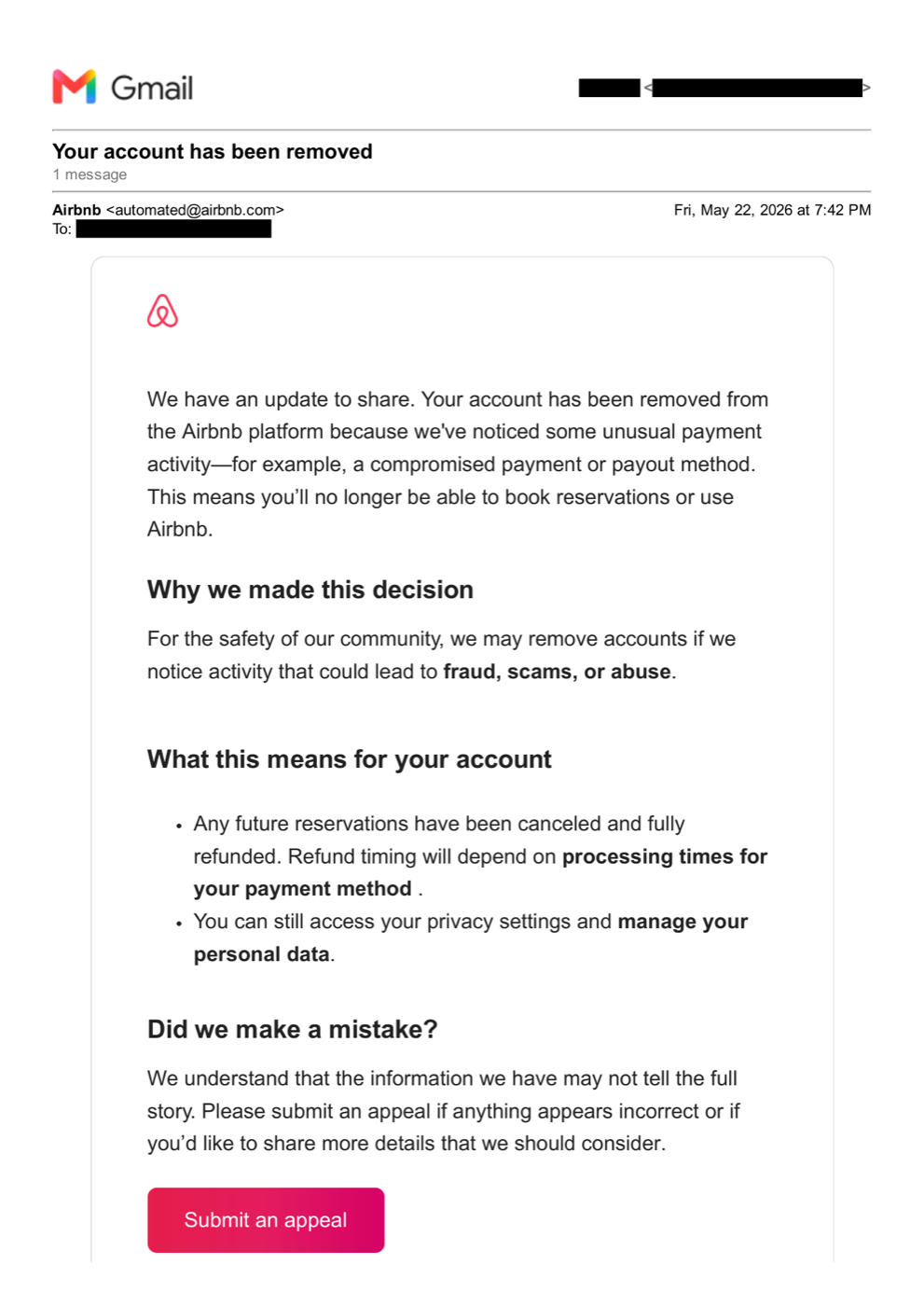 Airbnbからの自動送信メール