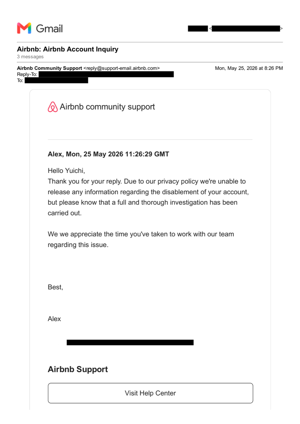 Alex氏による理由開示の拒否