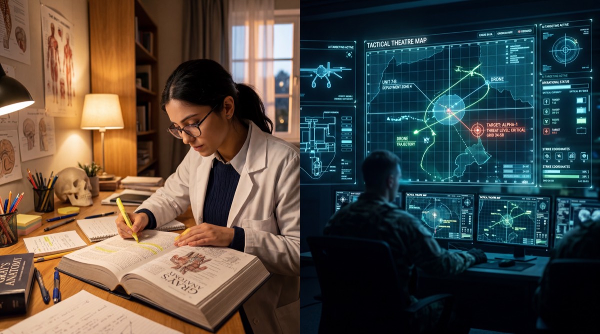Two worlds — a medical student studying anatomy under warm lamplight, and a military operator facing AI-driven tactical screens in the dark. The contradiction at the heart of this war. / 二つの世界 — 温かな灯りの下で解剖学を学ぶ医学生と、暗闇の中でAI戦術スクリーンに向き合う軍事オペレーター。この戦争の核心にある矛盾。