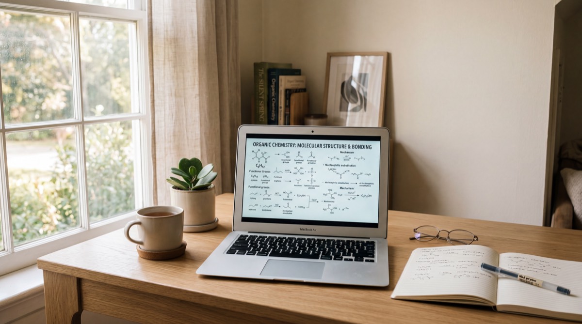 穏やかな自然光の中、ノートパソコンに化学の図が表示されたデスクとノート — AIを使った静かな学習風景 / A calm study desk with a chemistry diagram on a laptop and a notebook in soft natural light — quiet AI-assisted learning