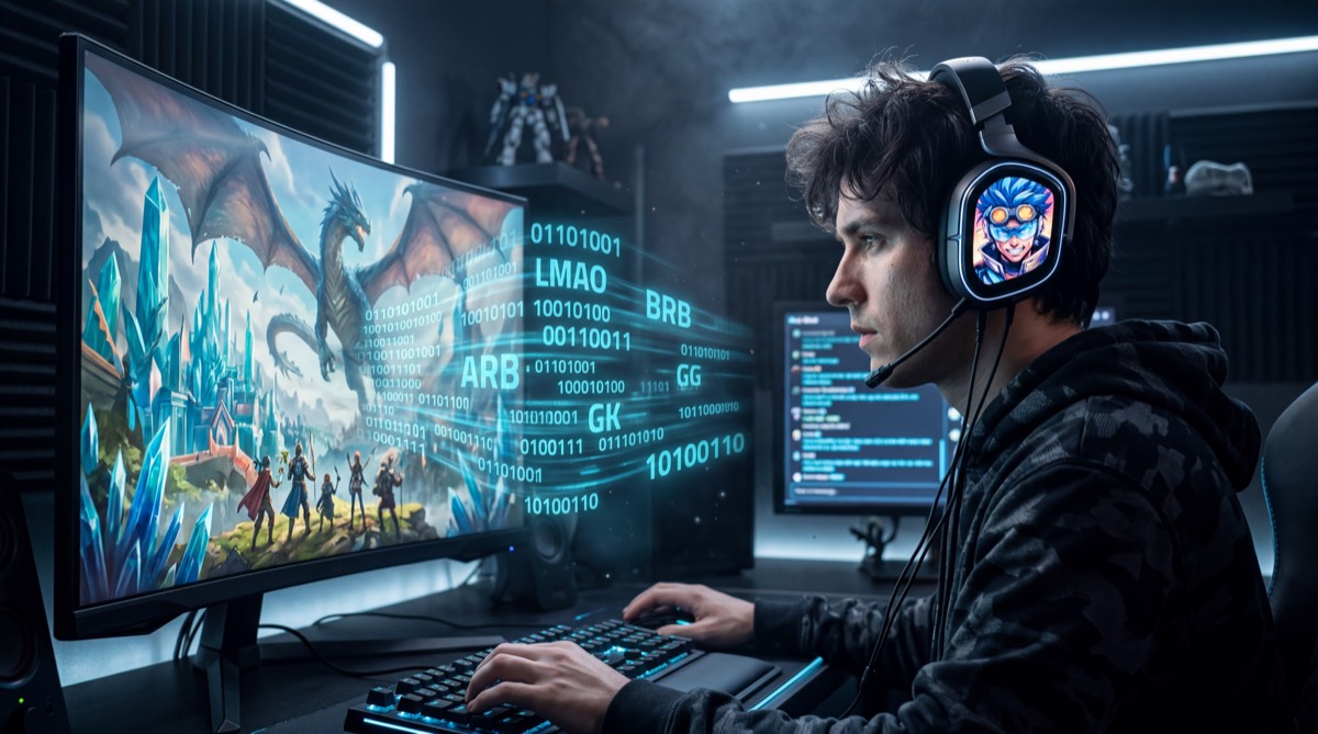 MMOゲーマーがヘッドセットをつけてファンタジーの世界に没入する — 画面にはドラゴンとチャットのスラングが飛び交う / A gamer immersed in a fantasy MMO world — dragons on screen with chat slang flying by