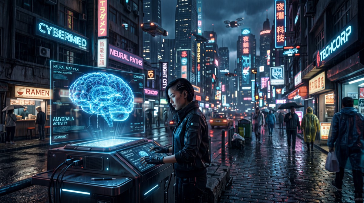 サイバーパンクの街で脳のホログラムスキャンを操作する人物 — 攻殻機動隊の世界観を彷彿とさせる、テクノロジーと人間の境界 / A figure operating a holographic brain scan in a cyberpunk city — the boundary between technology and humanity