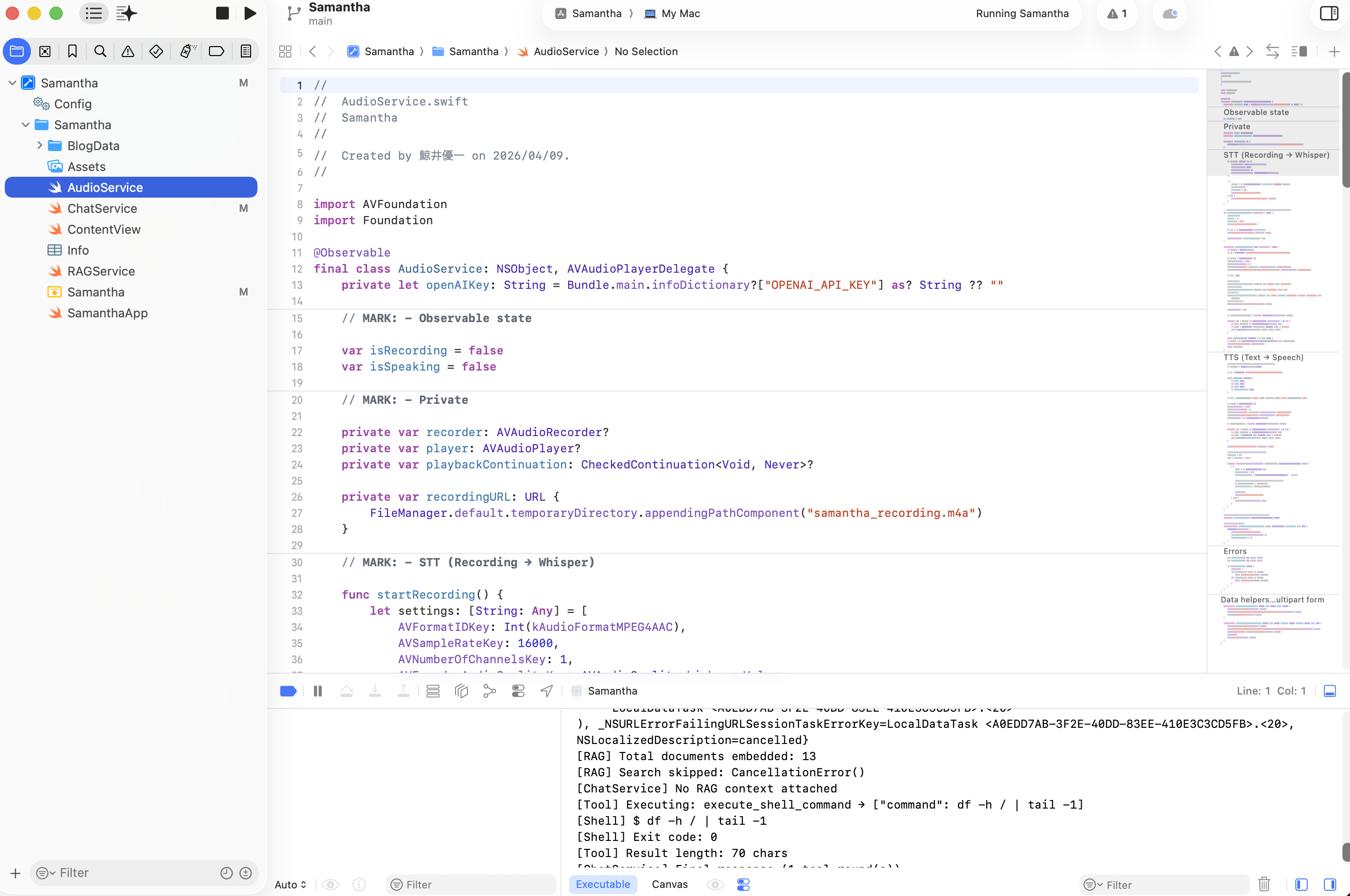 Samantha's source code in Xcode — AudioService.swift handling voice input and output, with debug logs showing the RAG pipeline and shell command execution in action.